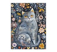 Artery8 Enjoying Garden Flowers Russian Blue Cat Lover Wall Art Print | Size: W12" x H16" Artery8 Blue W12" x H16"