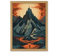 Artery8 Erebor The Lonely Mountain Landscape Illustration Artwork Framed Wall Art Print A4 in Light Oak Artery8 Light Oak
