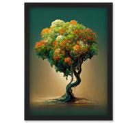 Artery8 Ethereal Bonsai Lone Tree Green Orange Wall Art Print - A4 Size