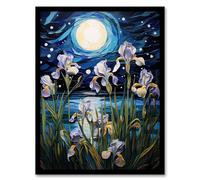 Artery8 Wall Art Print Ethereal Iris Flower Blooms Fantasy Lake Full Moon Framed in Blue | Size: A4 Artery8 Blue A4