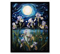 Artery8 Ethereal Iris Flower Blooms Fantasy Lake Full Moon Framed Wall Art Print - A4 Size