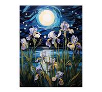Wall Art Print Ethereal Iris Flower Blooms Fantasy Lake Full Moon Poster Picture Artery8 Blue W18 inch x H24 inch