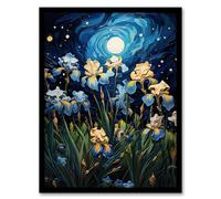 Artery8 Ethereal Iris Flower Meadow Blooms Moonlight Artwork Framed Wall Art Print 18X24 Inch