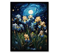 Artery8 Ethereal Iris Flower Meadow Blooms Moonlight Picture Wall Art Print - A4 Size