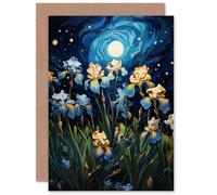 Artery8 Ethereal Irises at Full Moon Moonlit Flowers Birthday Greeting Card in Blue Artery8 Blue