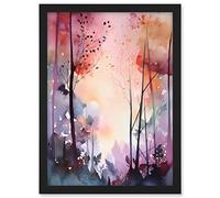 Artery8 Ethereal Misty Autumn Forest Landscape at Dawn Modern Watercolour Painting Artwork Framed A3 Wall Art Print