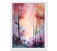 Artery8 Ethereal Misty Autumn Forest Landscape at Dawn Modern Watercolour Painting Artwork Framed Wall Art Print A4 in White Artery8 White