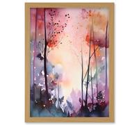 Artery8 Ethereal Misty Autumn Forest Landscape at Dawn Modern Watercolour Painting Artwork Framed Wall Art Print A4 in Light Oak Artery8 Light Oak