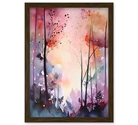 Artery8 Ethereal Misty Autumn Forest Landscape at Dawn Modern Watercolour Painting Artwork Framed Wall Art Print A4