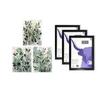 Artery8 Eucalyptus Leaves Wall Art - Set of 3 A4 Sized Art with Black Frames - Botanical Plants Sage Green Watercolour Boho