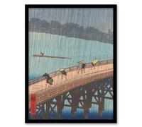 Artery8 Evening Shower Ohashi Bridge Vintage Framed Wall Art Print Hiroshige in Blue | Size: A4 Artery8 Blue A4