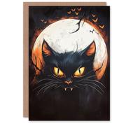 Artery8 Evil Witches Cat on Full Moon Bats Fun Scary Haunted Halloween Card in Black Artery8 Black