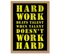 Exercise Motivation Hard Work Beats Talent Inspirational Gym Wall Art Artwork Framed Wall Art Print A4 Artery8 Light Oak One Size