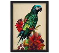 Artery8 Exotic Flowers & Feathers Macaw Parrot & Jungle Blooms Artwork Framed Wall Art Print A4 in Black Artery8 Black