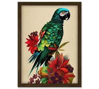 Exotic Flowers And Feathers Macaw Parrot And Jungle Blooms Artwork Framed Wall Art Print A4 Artery8 Brown One Size
