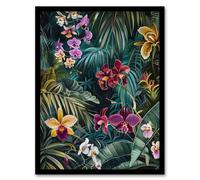 Artery8 Exotic Orchids in Jungle Painting Wild Floral Framed Art Print in Green | Size: A4 Artery8 Green A4