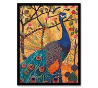 Artery8 Exotic Peacock in Tree with Roses Artwork Framed Art Print in Yellow | Size: A4 Artery8 Yellow A4