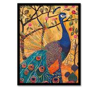 Artery8 Exotic Peacock in Tree with Roses Artwork Living Room Artwork Framed Wall Art Print A4