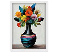 Artery8 Exotic Vibrant Flower Bouquet In Black Decorated Vase Artwork Framed Wall Art Print A4 in White Artery8 White