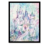 Artery8 Fairy Tale Princess Castle Pastel Colour Fantasy Framed Wall Art in Blue | Size: W12" x H16" Artery8 Blue W12" x H16"