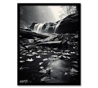 Artery8 Fallen Autumn Leaves in Waterfall Black and White Artwork Framed Wall Art Print A4