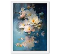 Artery8 Fallen Cherry Blossom Flower Water Ripples Modern Watercolour Painting Artwork Framed A3 Wall Art Print