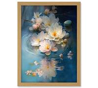 Artery8 Fallen Cherry Blossom Flower Water Ripples Modern Watercolour Painting Artwork Framed A3 Wall Art Print