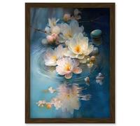 Artery8 Fallen Cherry Blossom Flower Water Ripples Modern Watercolour Painting Artwork Framed Wall Art Print A4