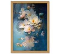 Artery8 Fallen Cherry Blossom Flower Water Ripples Modern Watercolour Painting Artwork Framed Wall Art Print A4