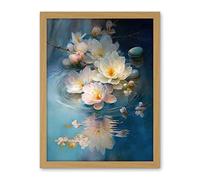 Artery8 Fallen Cherry Blossom Flower Water Ripples Modern Watercolour Painting Artwork Framed Wall Art Print 18X24 Inch