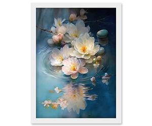 Artery8 Fallen Cherry Blossom Flower Water Ripples Modern Watercolour Painting Artwork Framed Wall Art Print A4