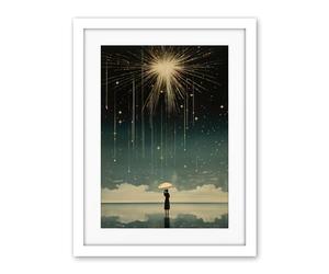 Artery8 Falling Star Rain Dreamy Artwork Bright Star Wish Woman with Umbrella Fairytale Dreamscape Artwork Framed Wall Art Print 18X24 Inch