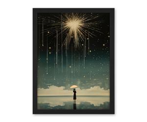 Artery8 Falling Star Rain Dreamy Artwork Bright Star Wish Woman with Umbrella Fairytale Dreamscape Artwork Framed Wall Art Print 18X24 Inch