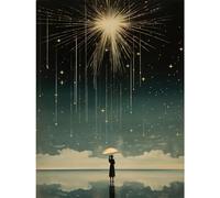 Wall Art Print Falling Star Rain Dreamy Artwork Bright Star Wish Woman with Umbrella Fairytale Dreamscape Poster Artery8 Black W24 inch x H32 inch