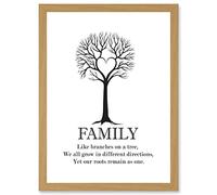 Family Roots Quote Motivation Typography B&W Heart Tree A4 Artwork Framed Wall Art Print Artery8 Light Oak One Size