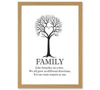 Family Roots Quote Motivation Typography B&W Heart Tree A4 Artwork Framed Wall Art Print Artery8 Light Oak One Size