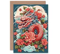 Artery8 Fantasy Dragon Peony Flower 2024 Chinese Year of the Dragon for Him or Her Man Woman Chinese New Year Birthday Thank You Blank Art Greeting Card