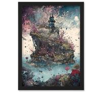 Fantasy World Coastal Island Landscape Nymph House Magical Marine Life Flying Fish Seaweed Cloud Artwork Framed Wall Art Print A4 Artery8 Black One Size