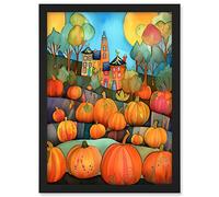 Artery8 Farm House Halloween Pumpkin Patch Modern Folk Art Watercolour Painting Artwork Framed A3 Wall Art Print