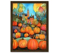 Artery8 Farm House Halloween Pumpkin Patch Modern Folk Art Watercolour Painting Artwork Framed A3 Wall Art Print