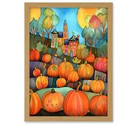 Artery8 Farm House Halloween Pumpkin Patch Modern Folk Art Watercolour Painting Artwork Framed A3 Wall Art Print