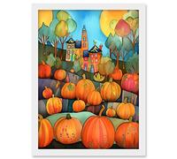 Artery8 Farm House Halloween Pumpkin Patch Modern Folk Art Watercolour Painting Artwork Framed A3 Wall Art Print