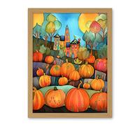 Artery8 Farm House Halloween Pumpkin Patch Modern Folk Art Watercolour Painting Artwork Framed Wall Art Print 18X24 Inch