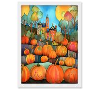 Artery8 Farm House Halloween Pumpkin Patch Modern Folk Art Watercolour Painting Artwork Framed Wall Art Print A4