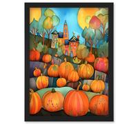 Artery8 Farm House Halloween Pumpkin Patch Modern Folk Art Watercolour Painting Artwork Framed Wall Art Print A4 in Black Artery8 Black