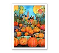 Artery8 Farm House Halloween Pumpkin Patch Modern Folk Art Watercolour Painting Artwork Framed Wall Art Print 18X24 Inch