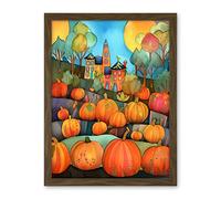 Artery8 Farm House Halloween Pumpkin Patch Modern Folk Art Watercolour Painting Artwork Framed Wall Art Print 18X24 Inch