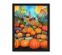 Artery8 Farm House Halloween Pumpkin Patch Modern Folk Art Watercolour Painting Artwork Framed Wall Art Print 18X24 Inch