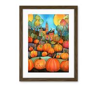 Artery8 Farm House Halloween Pumpkin Patch Modern Folk Art Watercolour Painting Artwork Framed Wall Art Print 18X24 Inch