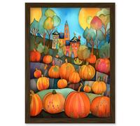 Artery8 Farm House Halloween Pumpkin Patch Modern Folk Art Watercolour Painting Artwork Framed Wall Art Print A4